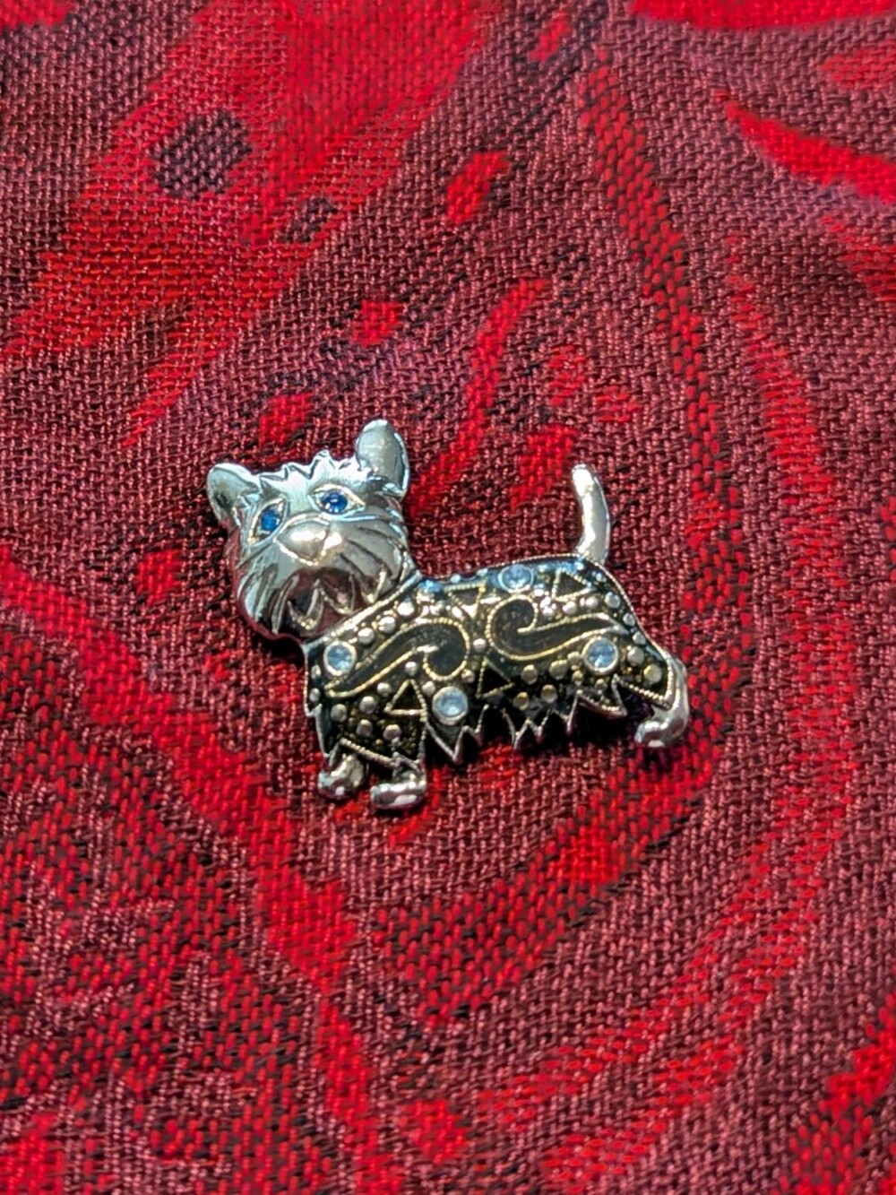 Silver Dog Pin Brooch with Black Enamel And Jewel Accents